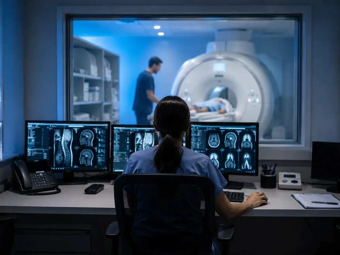 Technologist at the MRI control room console with the scanner beyond the glass