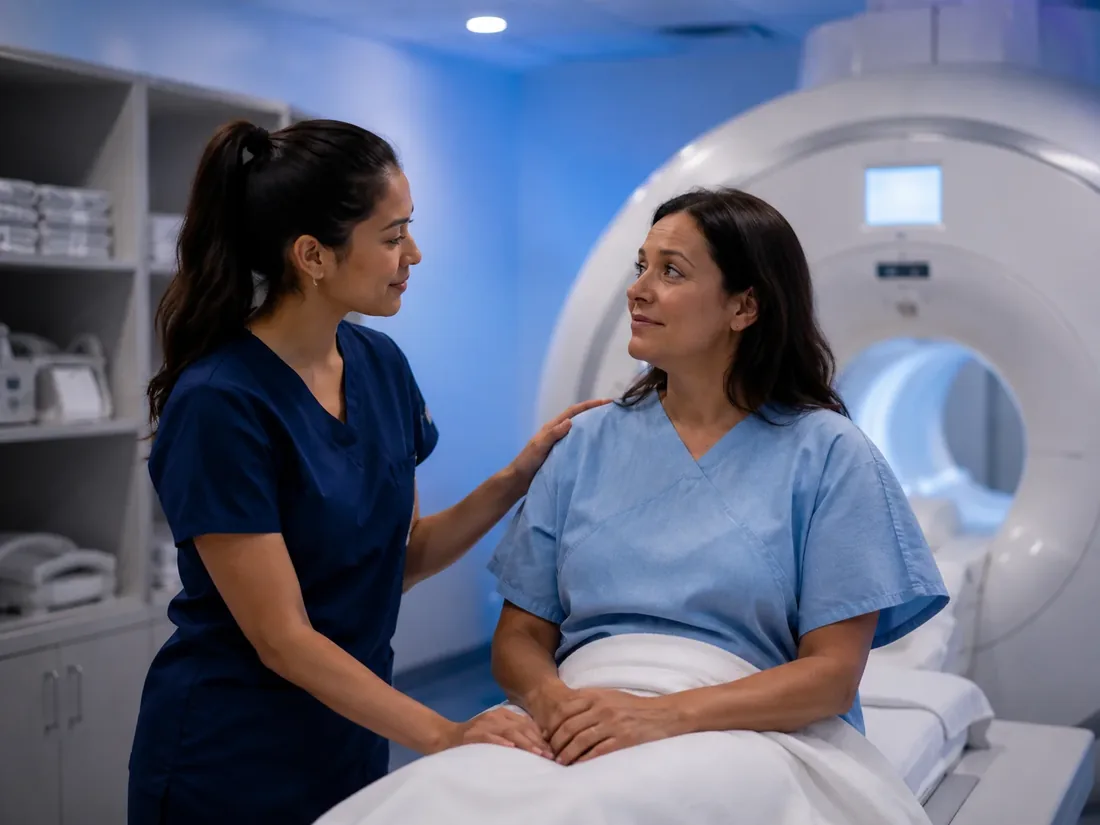 Student reassuring a patient beside the MRI scanner