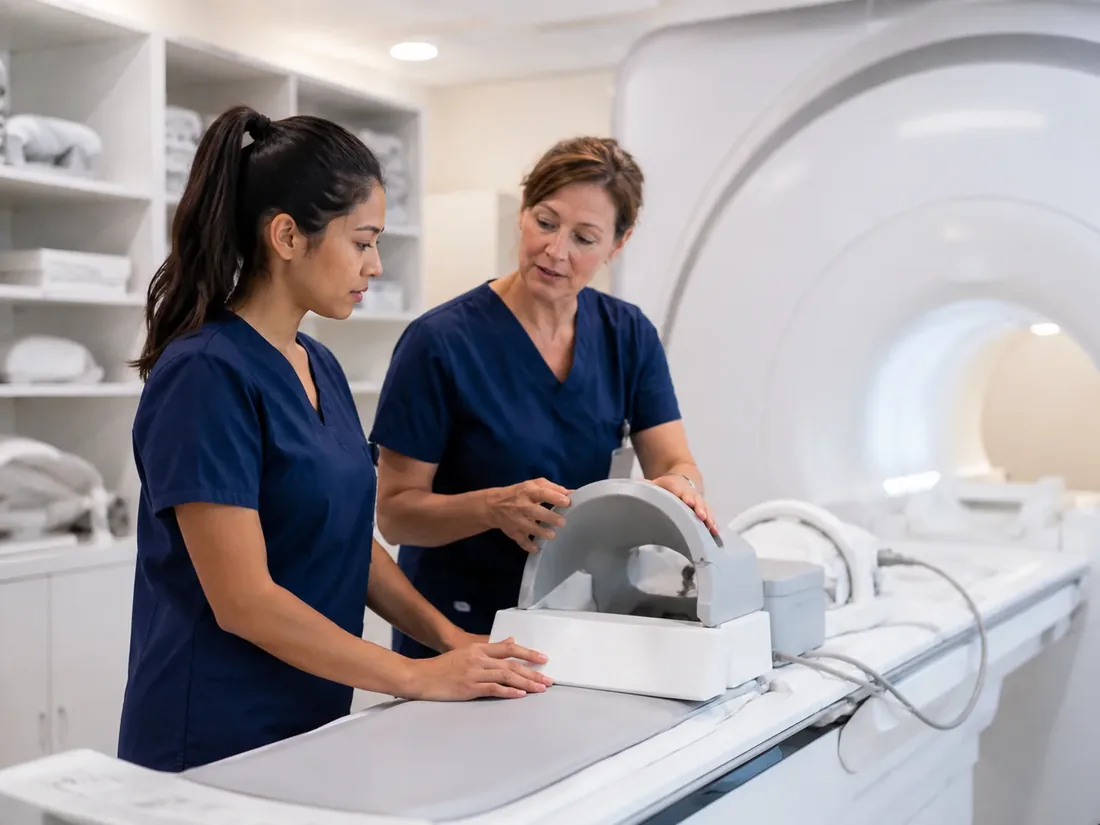 Instructor mentoring a student on MRI coil placement