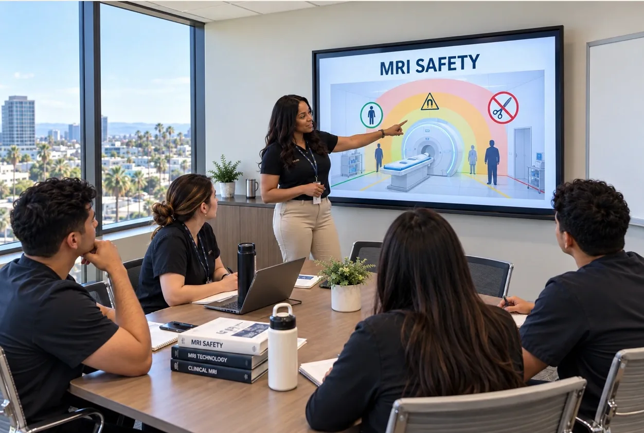 An instructor guiding attentive imaging students through an MRI safety session