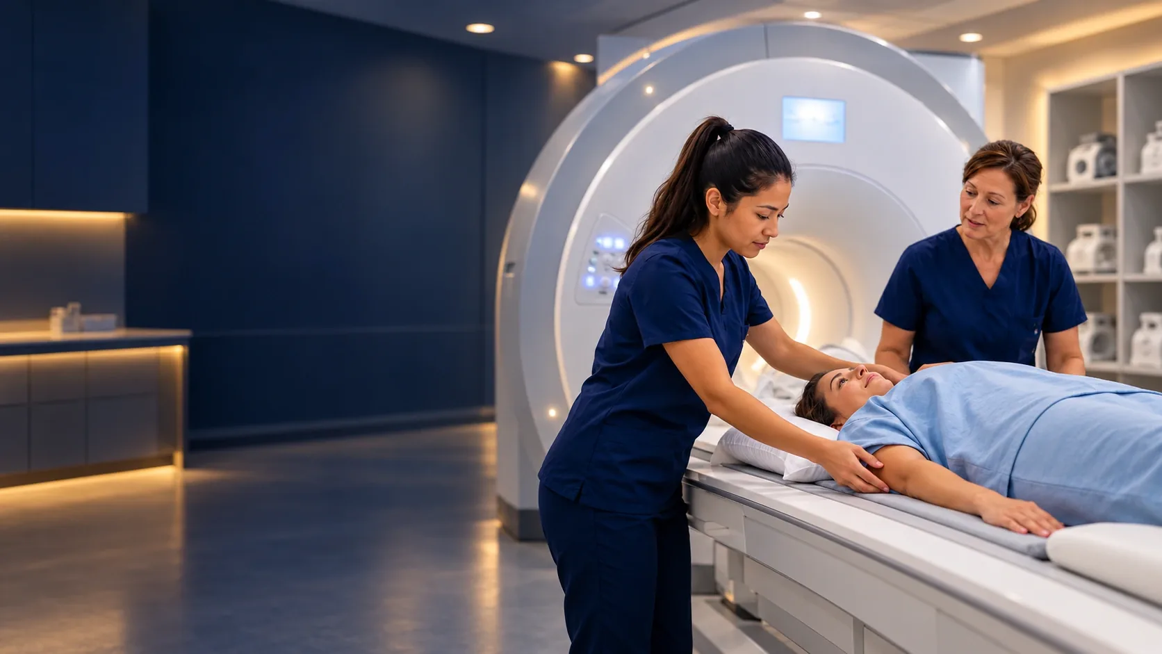 A technologist positioning a patient for an MRI exam