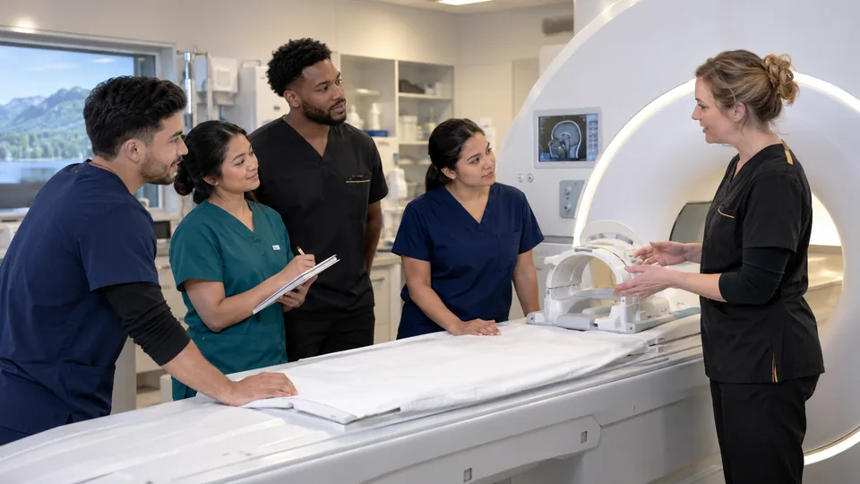 Students learning to prepare the scan room and coils with an instructor