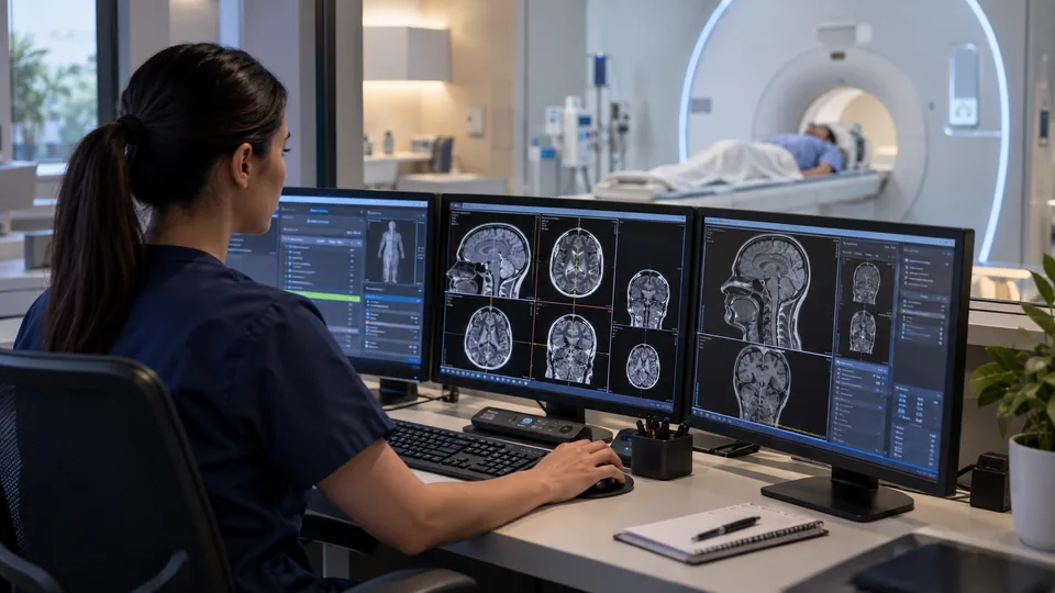 Technologist working at the MRI control room console