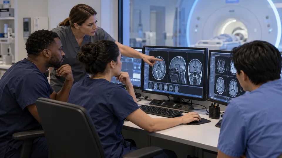 Instructor reviewing MRI images with students at workstations