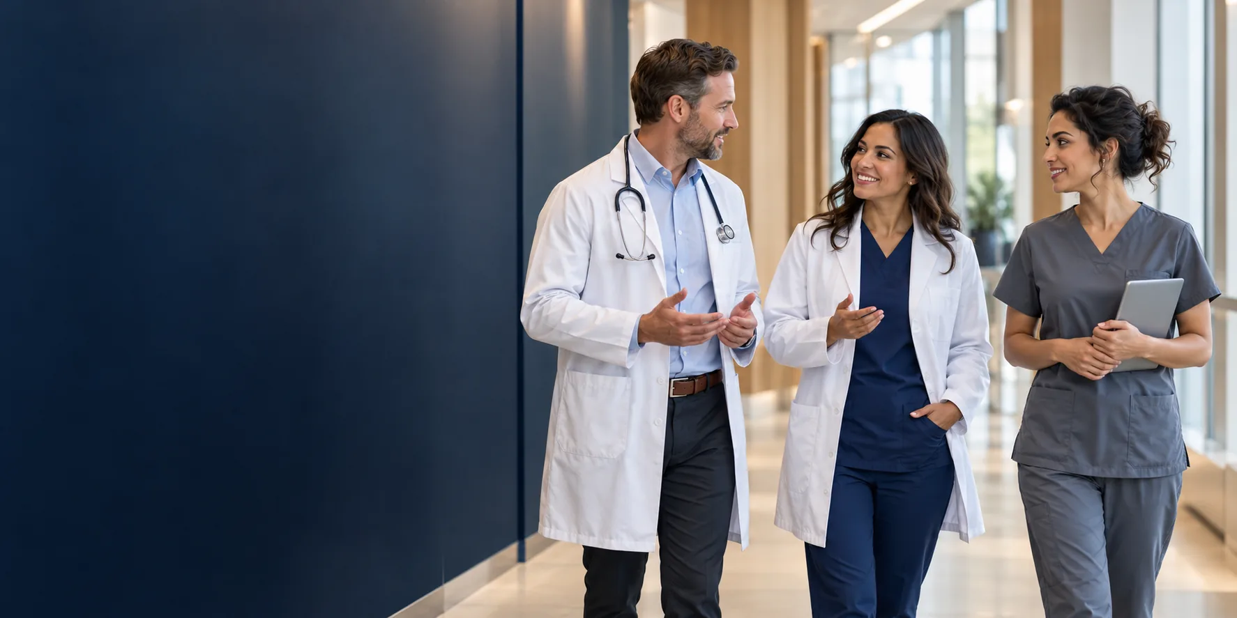 Two physicians and a technologist talking in a hospital corridor