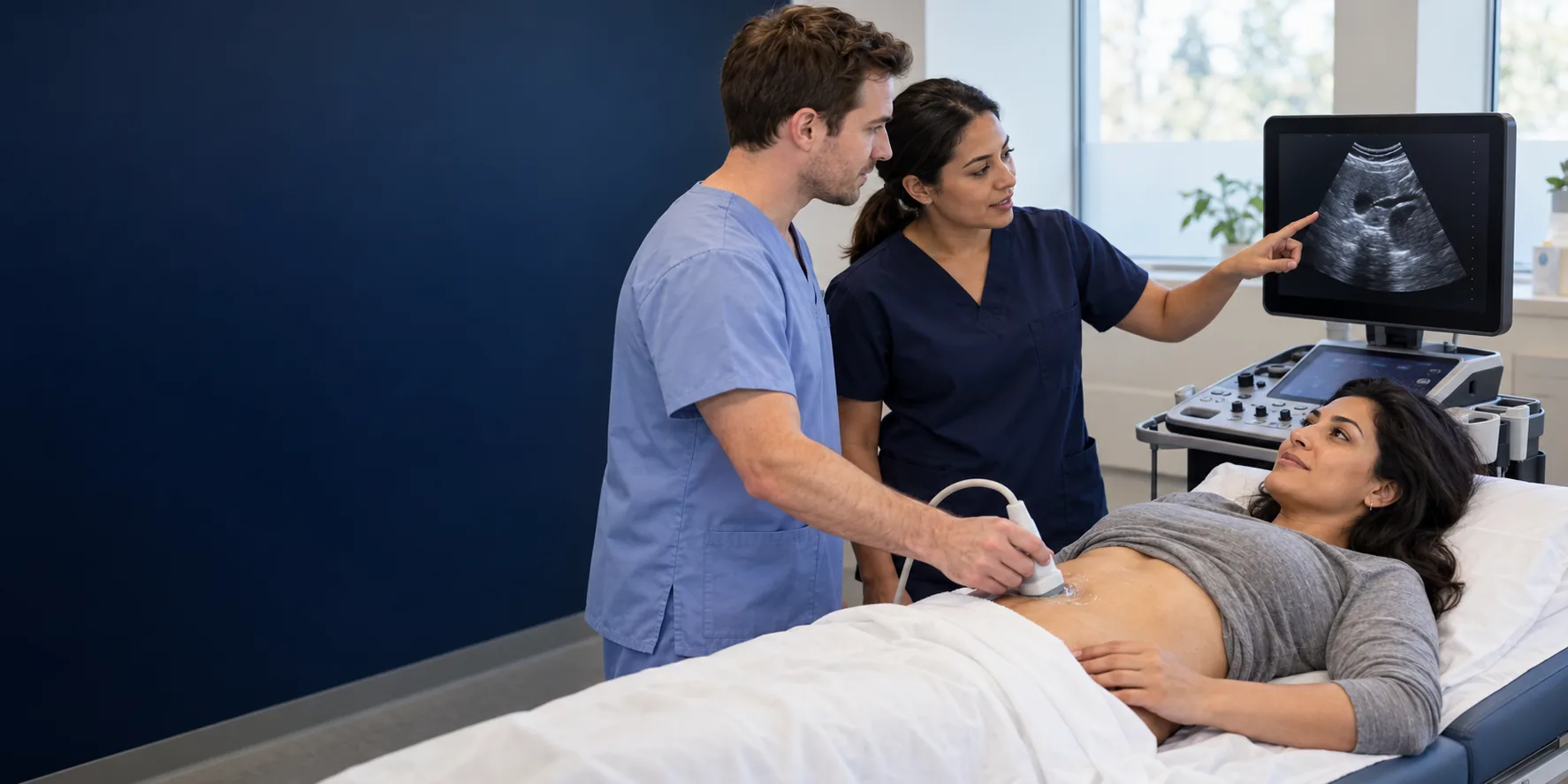 Instructor guiding a clinician through a bedside ultrasound exam