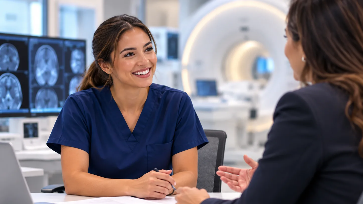 Imaging technologist smiling in a hiring conversation
